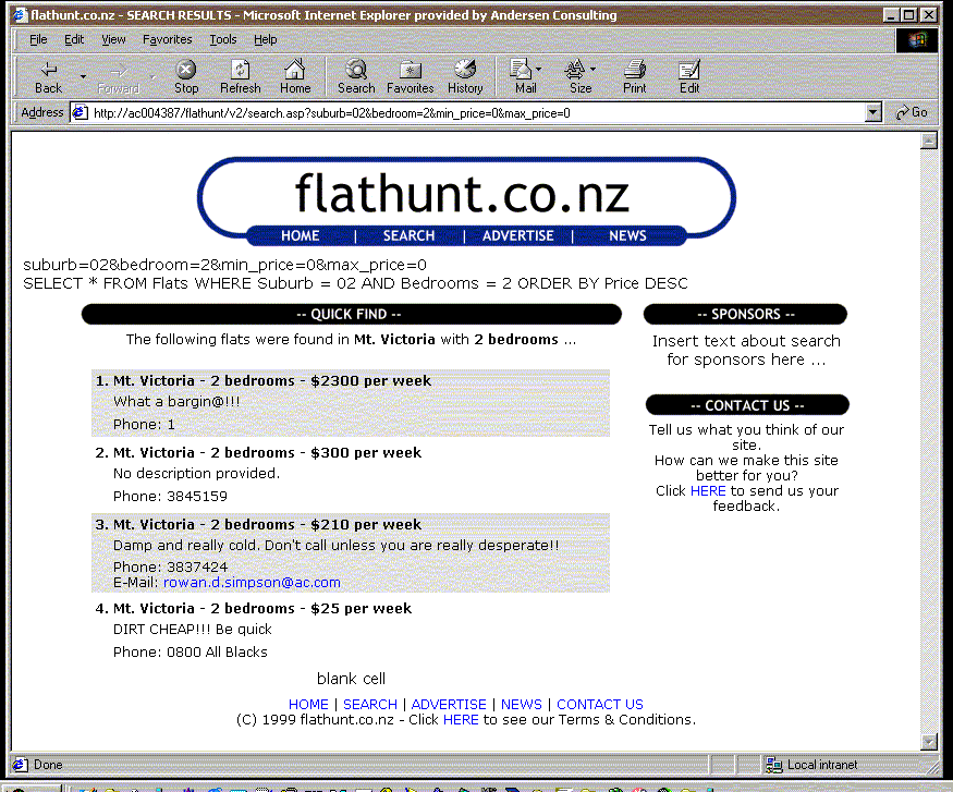 Screenshot of Flathunt website, late 1999