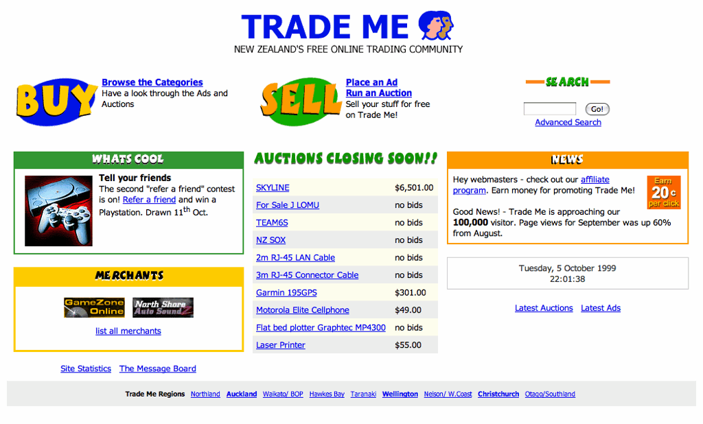 Trade Me homepage, as it was in 2000 when I started working on it