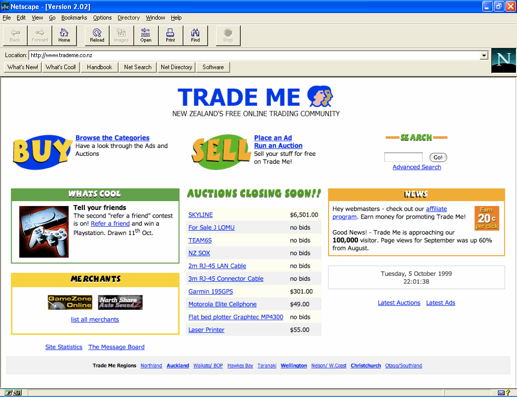 Trade Me homepage, as it was in 2000 when I started working on it