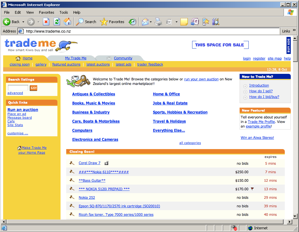 Trade Me homepage, post re-design in 2001